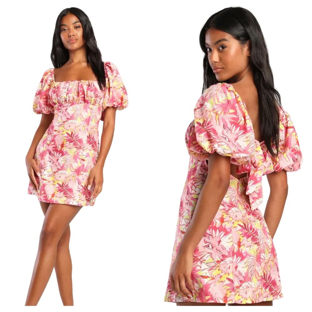 Lulus Time for a Vacay Pink Tropical Puff Sleeve Tie Back Mini Dress Size L